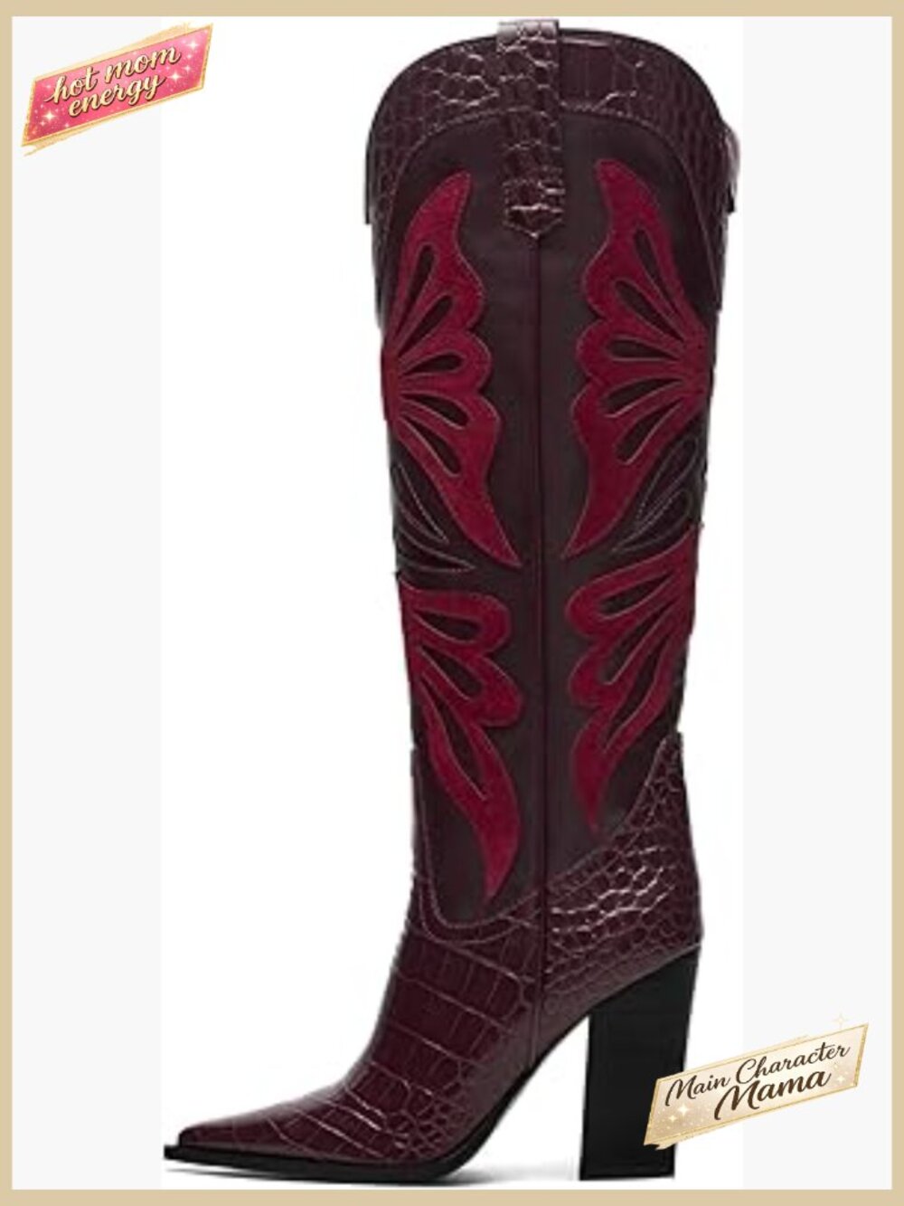 Pointed Toe Chunky Heel Cowboy Boots Knee High Embroidered Butterfly Western - Picture 1 of 7